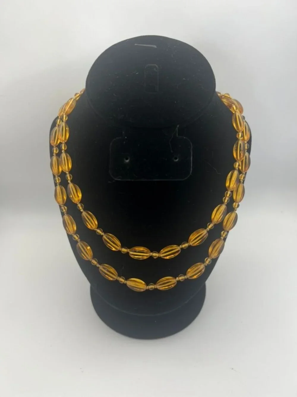 Vintage Amber Glass Bead Necklace Fluted Oval Beads Continuous Strand